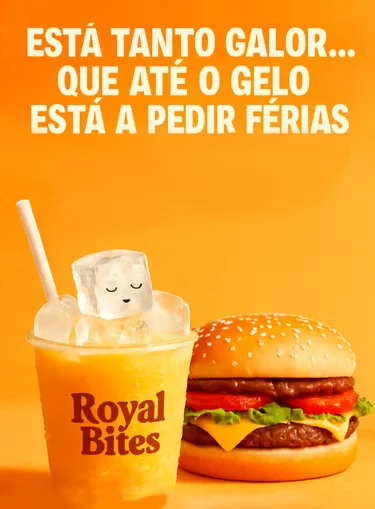 Publicação Royal Bites de verão: sumo de laranja com cubo de gelo e hambúrguer