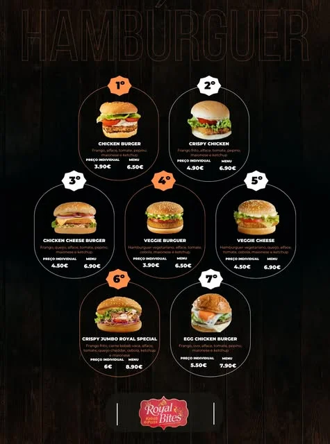 Menu de hambúrgueres Royal Bites com preços, sobre fundo escuro