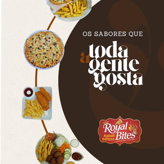 Publicação Royal Bites: "Os sabores que toda a gente gosta", com pizza, falafel e batatas