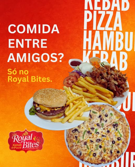 Publicação Royal Bites: "Comida entre amigos? Só no Royal Bites", com kebab, pizza e hambúrguer