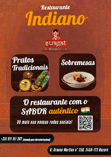 Cartaz do Swagat, restaurante indiano na Nazaré: pratos tradicionais, sobremesas e código QR para as redes