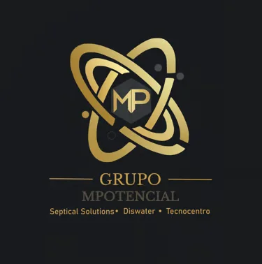 Logótipo do Grupo MPotencial: monograma MP dourado com órbitas, sobre fundo preto