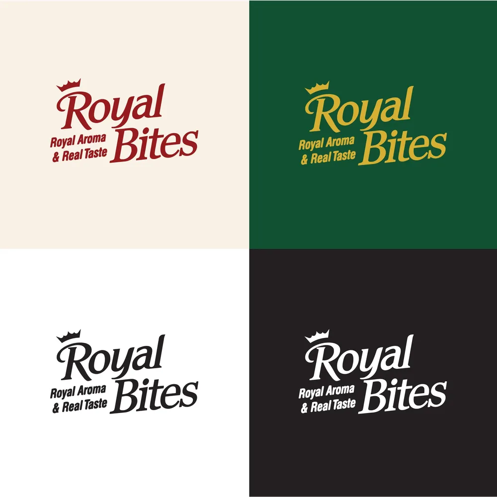 Logótipo Royal Bites em quatro combinações de cor: bordeaux, dourado sobre verde, preto e branco