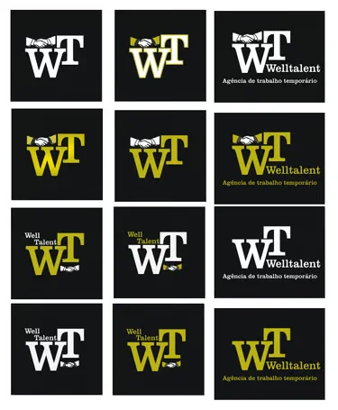 Estudo de variações do logótipo Welltalent, a dourado e branco sobre preto