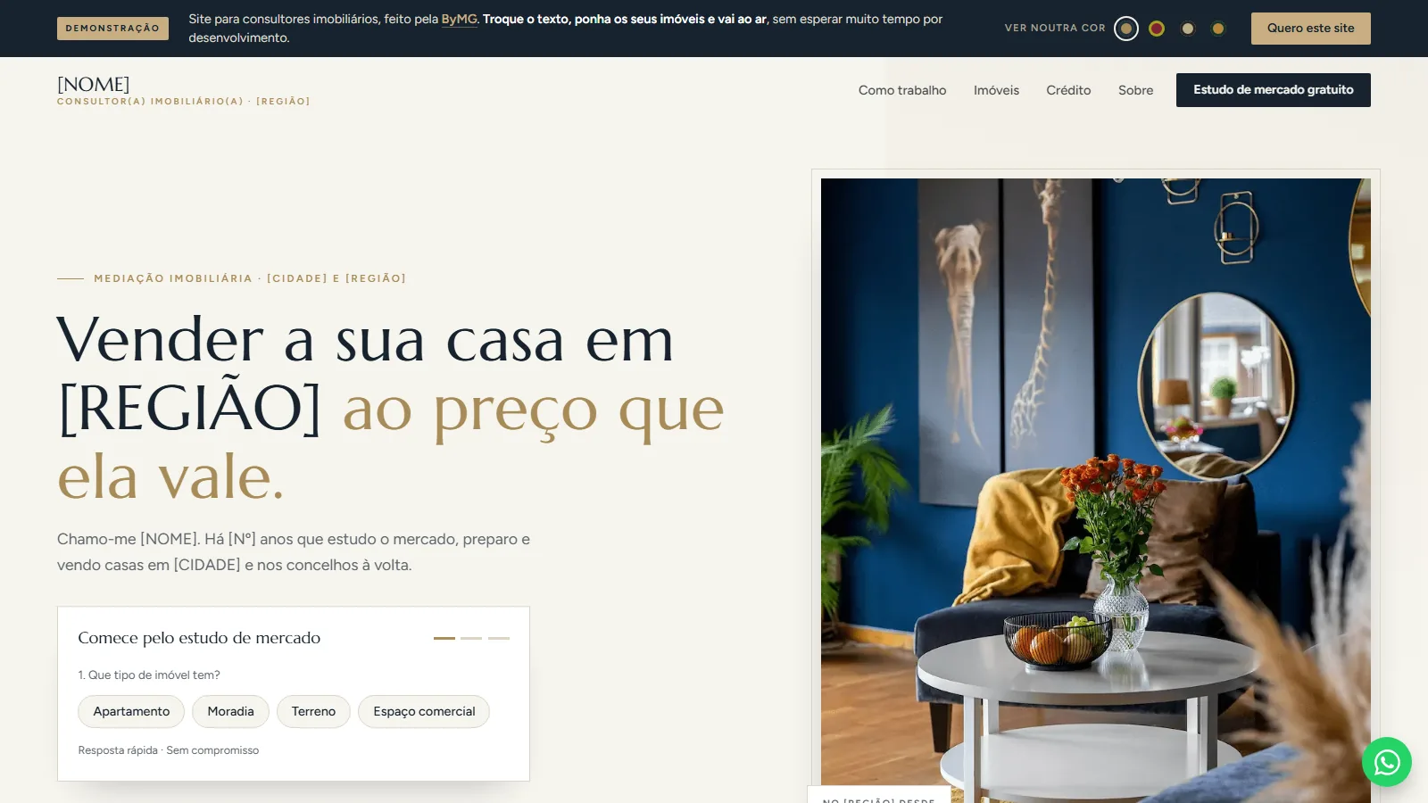 Modelo de landing page para consultores imobiliários: topo com sala decorada e pedido de estudo de mercado