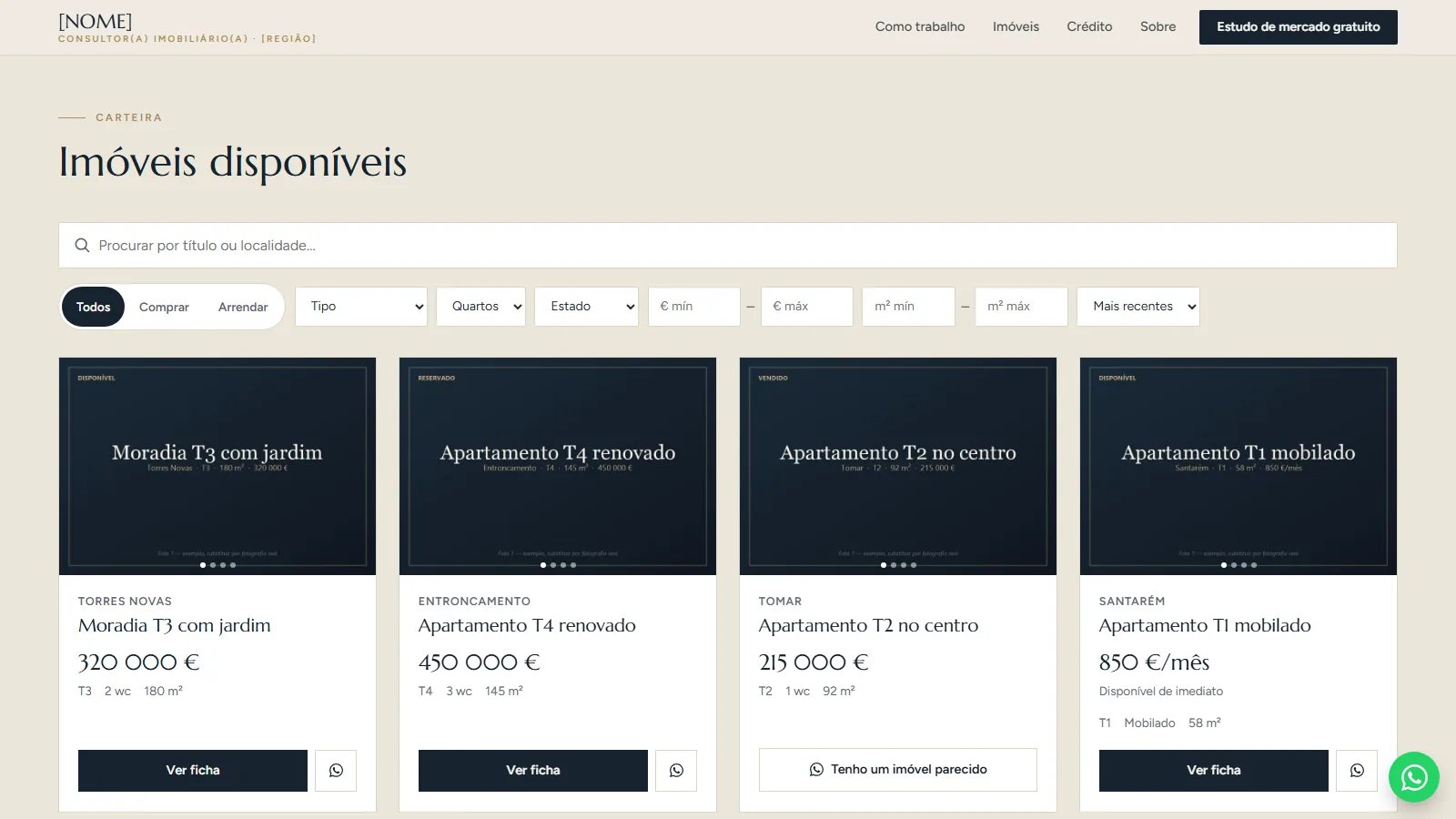 Modelo de landing page para consultores imobiliários: lista de imóveis disponíveis com filtros