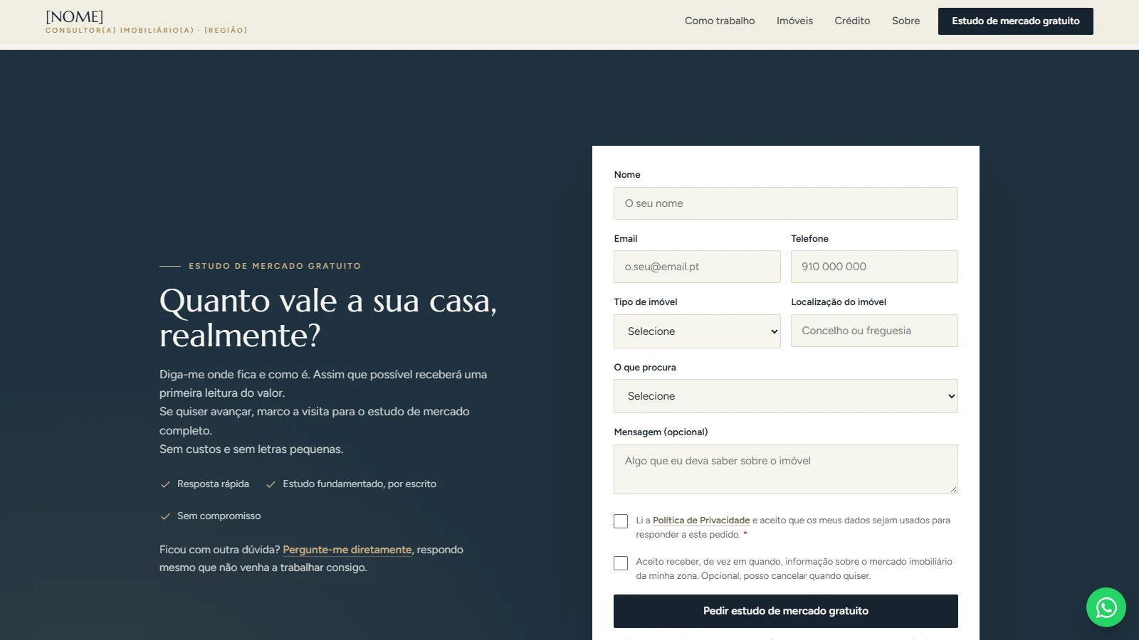 Modelo de landing page para consultores imobiliários: formulário de avaliação do imóvel