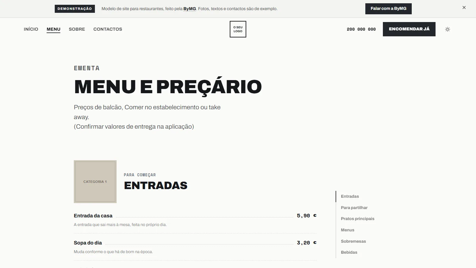 Modelo de site para restaurantes: página de menu e preçário com entradas e preços