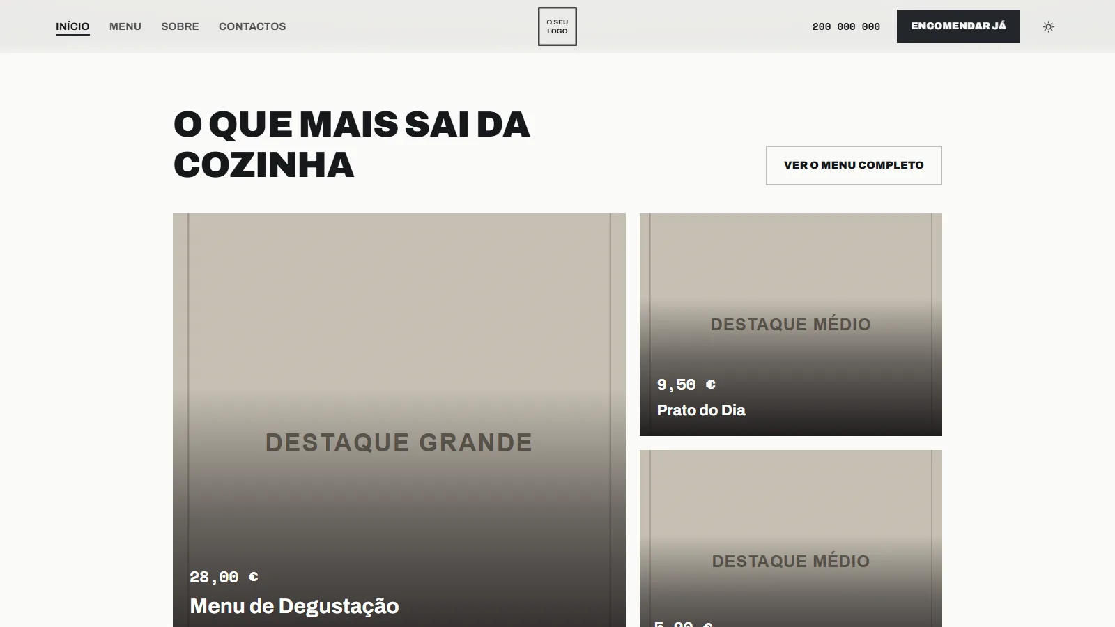 Modelo de site para restaurantes: pratos em destaque com preços