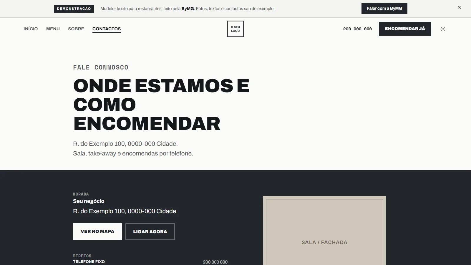 Modelo de site para restaurantes: página de contactos e encomendas