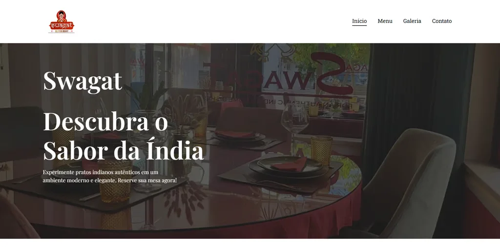 Página inicial do site do Swagat, restaurante indiano, com sala de jantar